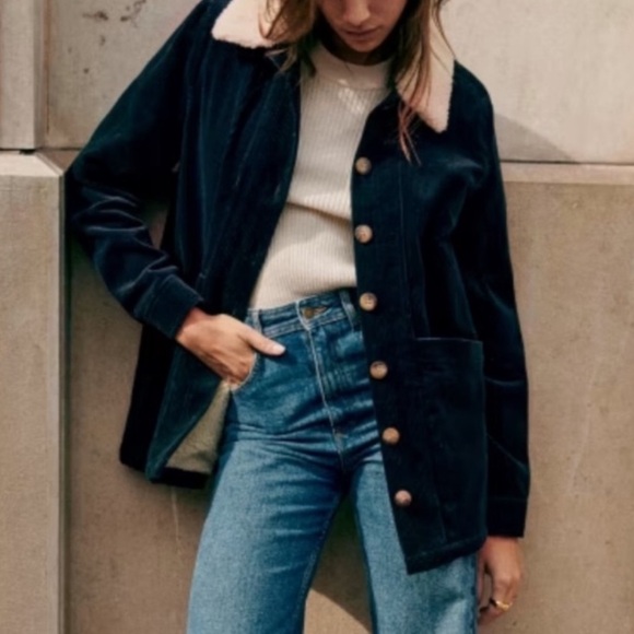 SEZANE Will Corduroy Jacket in Navy with Faux Sheepskin Removable Collar XXL - Picture 1 of 13